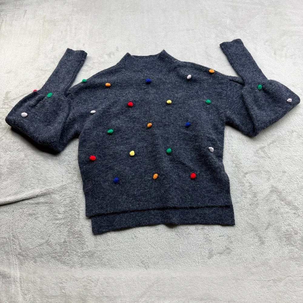 Sugar Lips Sweater Women XS Gray Pom Pom Mock Neck High Low STT15952